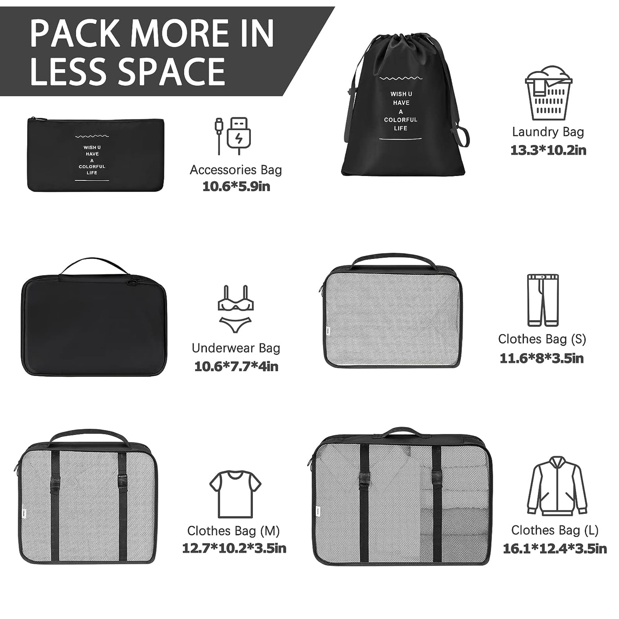 lEPECQ Packing Cubes for Travel & Suitcases Foldable Suitcase Organizer Lightweight Luggage Storage Bag 6 Pack - Black