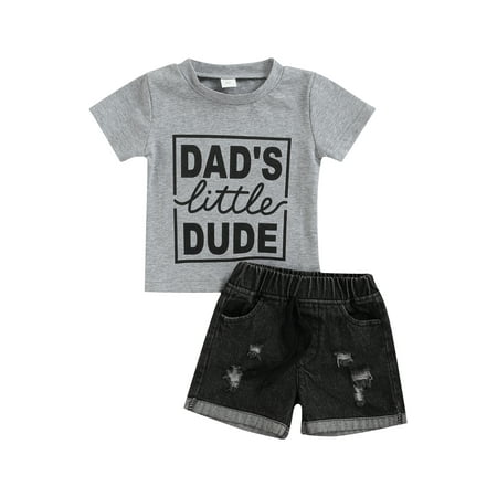 

Seyurigaoka Baby Boys Two-piece Pants Suit Grey Letters Print Round Neck T-shirt and Ripped Jeans 3-24 Months