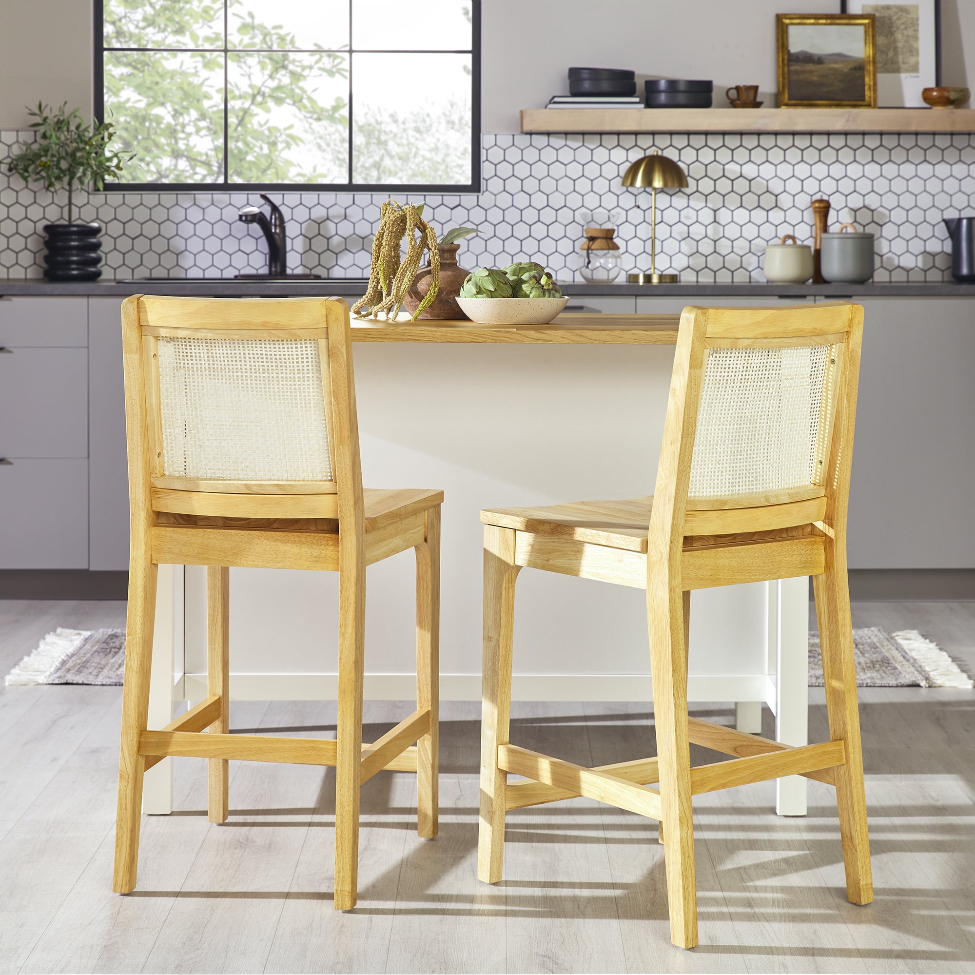 Walker Edison Collection Solid Wood Counter Stool with Woven Rattan Back, Natural (Set of 2)