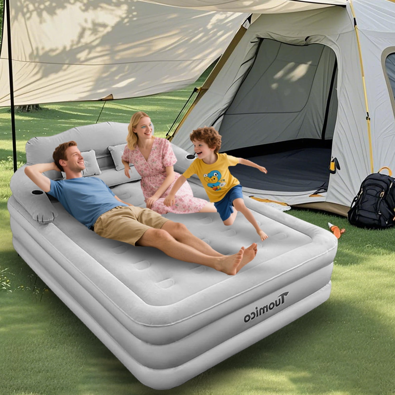 KFeng 18in Queen Gray Inflatable Air Mattress with Headboard,Built-in & Removable Pump,Camping & Home Use