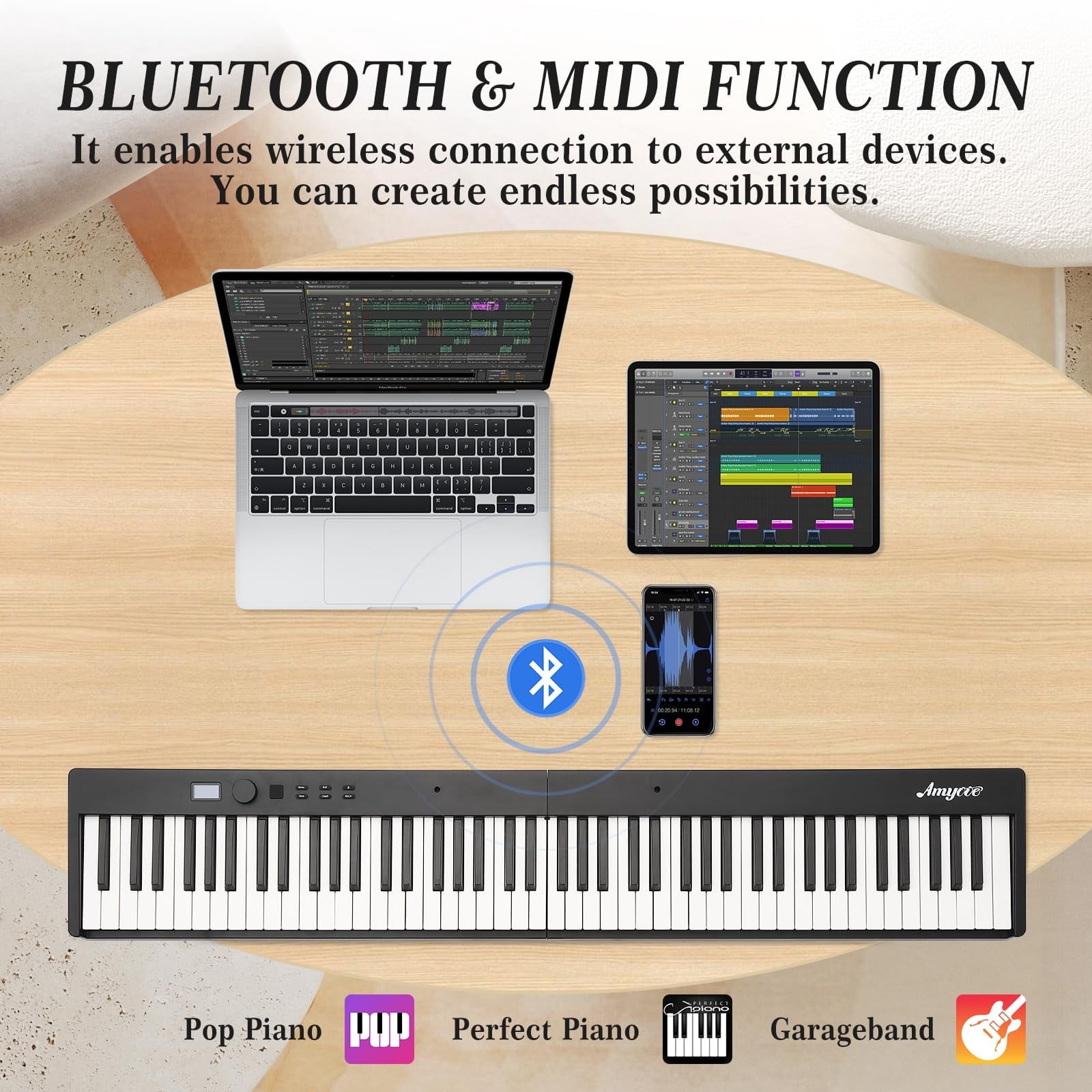 AOILE Complete 88-Key Folding Piano Keyboard Bundle - Full Size Digital Piano with Stand,Pedal, Headphones, Handbag, USB MIDI, Multifunctional for Beginners & Adults, Multifunctional Con