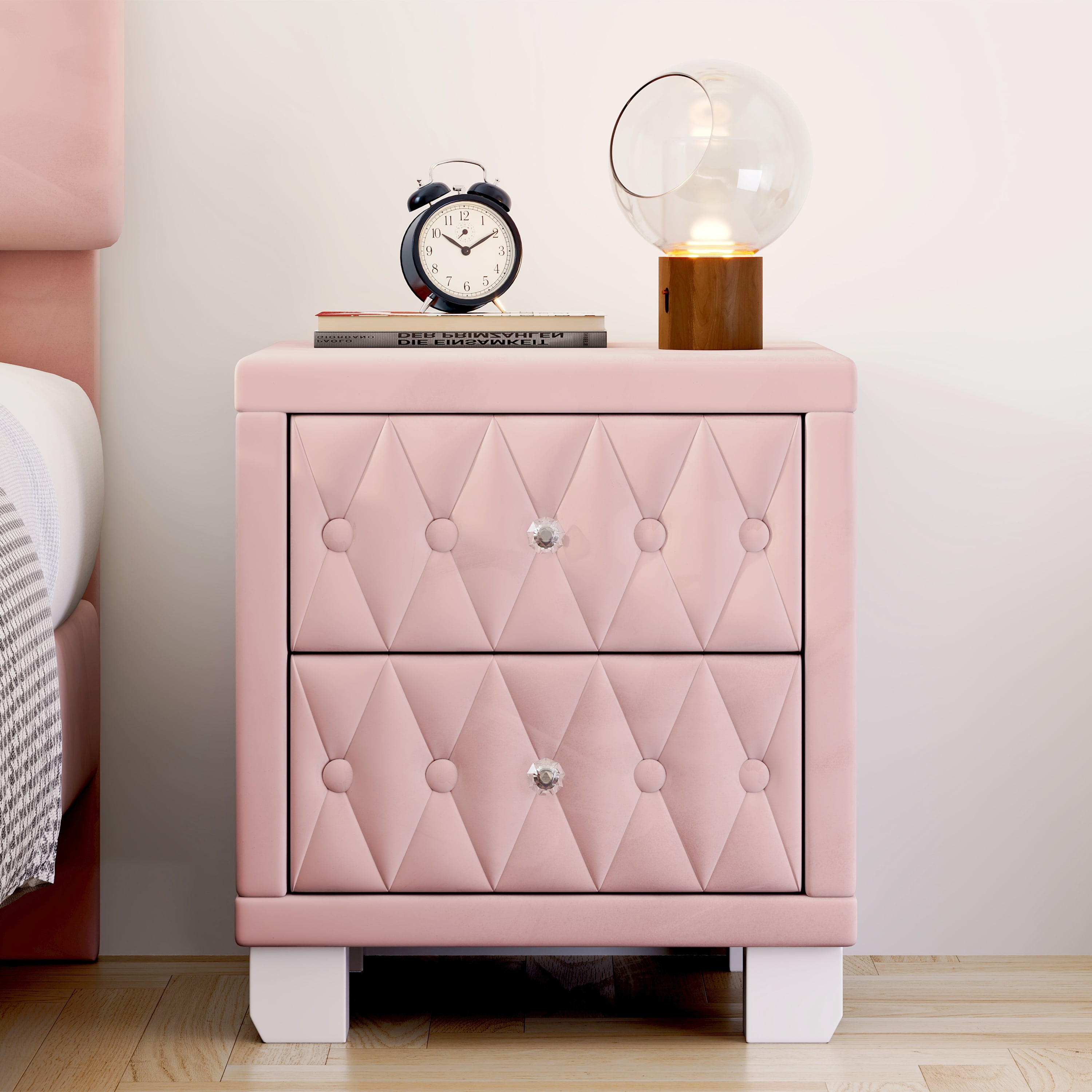 Euroco Velvet Nightstand with 2 Storage Drawers and Crystal Handle,Bedside Table End Table with Button-Tufted for Bedroom Living Room,Pink