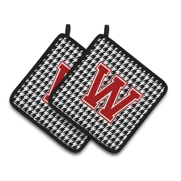 Letter W Monogram - Houndstooth Black Pair of Pot Holders