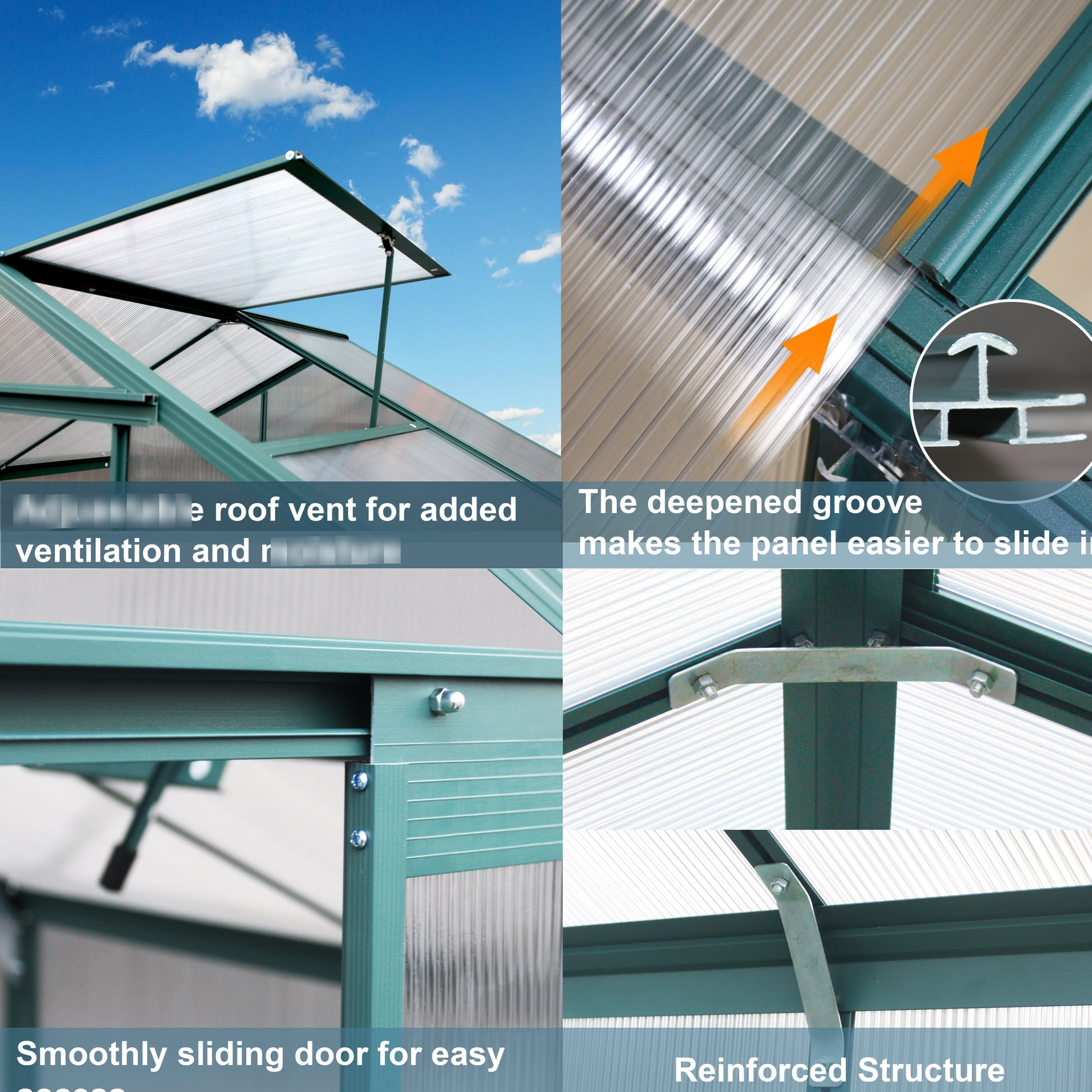 Walk-in Greenhouse 6'x8', Polycarbonate, High Transmission, Effective Water Drainage 6'x8' Outdoor Polycarbonate Greenhouse, Thermally Insulated, Sliding Door Convenience