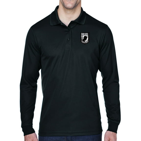 Mens POW MIA Flag Patch Long Sleeve Polo Shirt - Black, 5XL