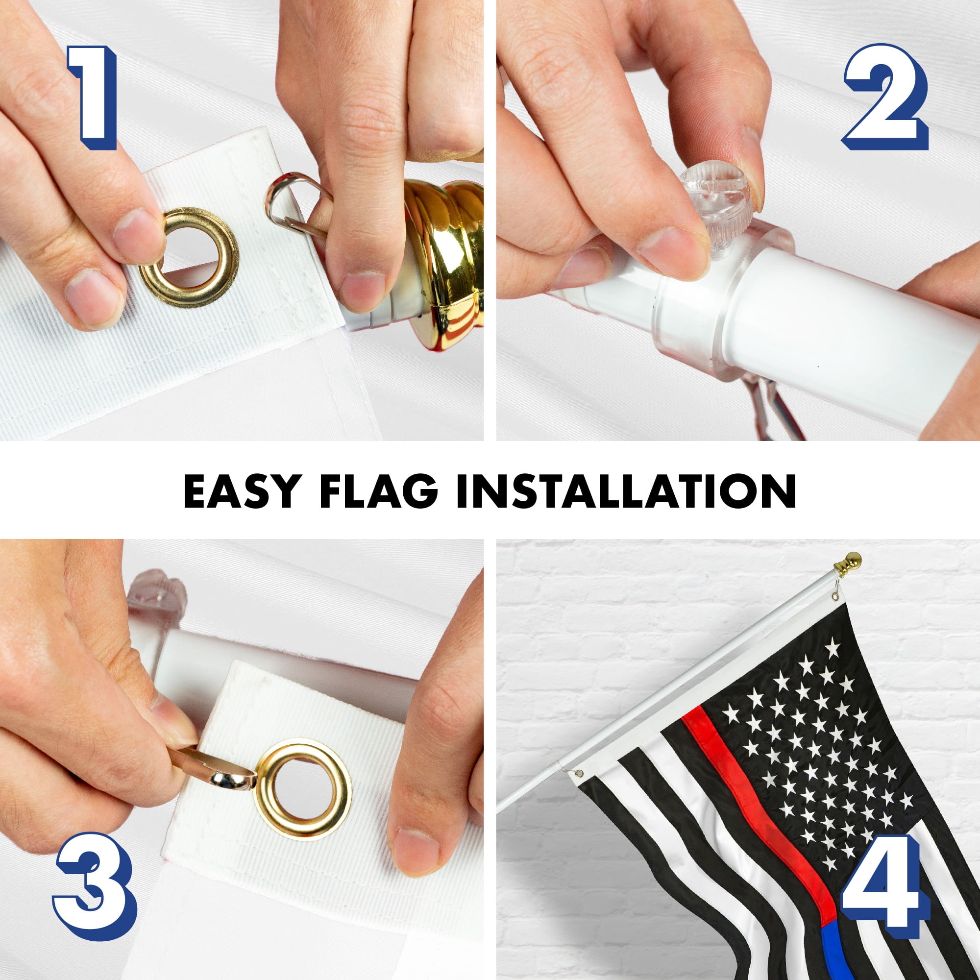 G128 - 5 Feet Tangle Free Spinning Flagpole (White) Thin Blue&Red Line Flag Brass Grommets Embroidered 2x3 ft (Flag Included) Aluminum Flag Pole