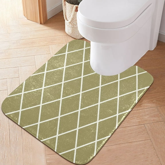 Toilet Rug U-Shaped Bathroom Rugs Non-Slip Soft Plush Machine Washable Contour Bath Mat Olive Brown Block 24x20