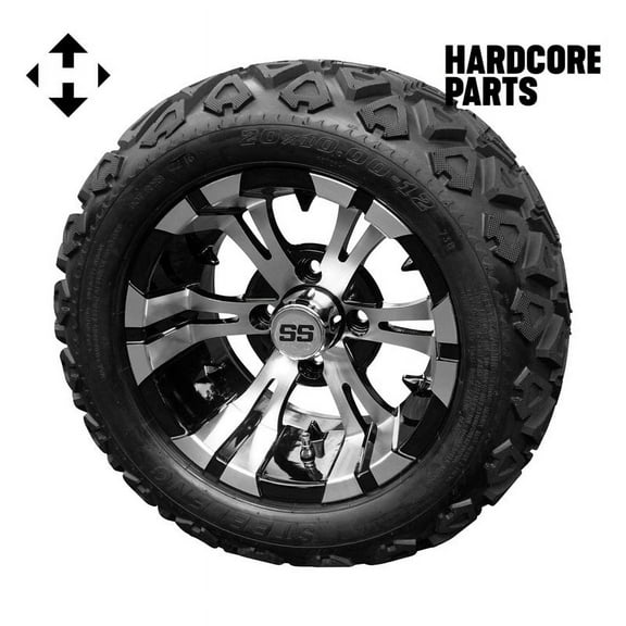 Hardcore Parts 12" Machined/Black ‘VAMPIRE’ Golf Cart Wheels and 20″x10″-12″ DOT rated All-Terrain tires - Set of 4, includes Chrome ‘SS’ center caps and 1/2x20 Chrome lug nuts