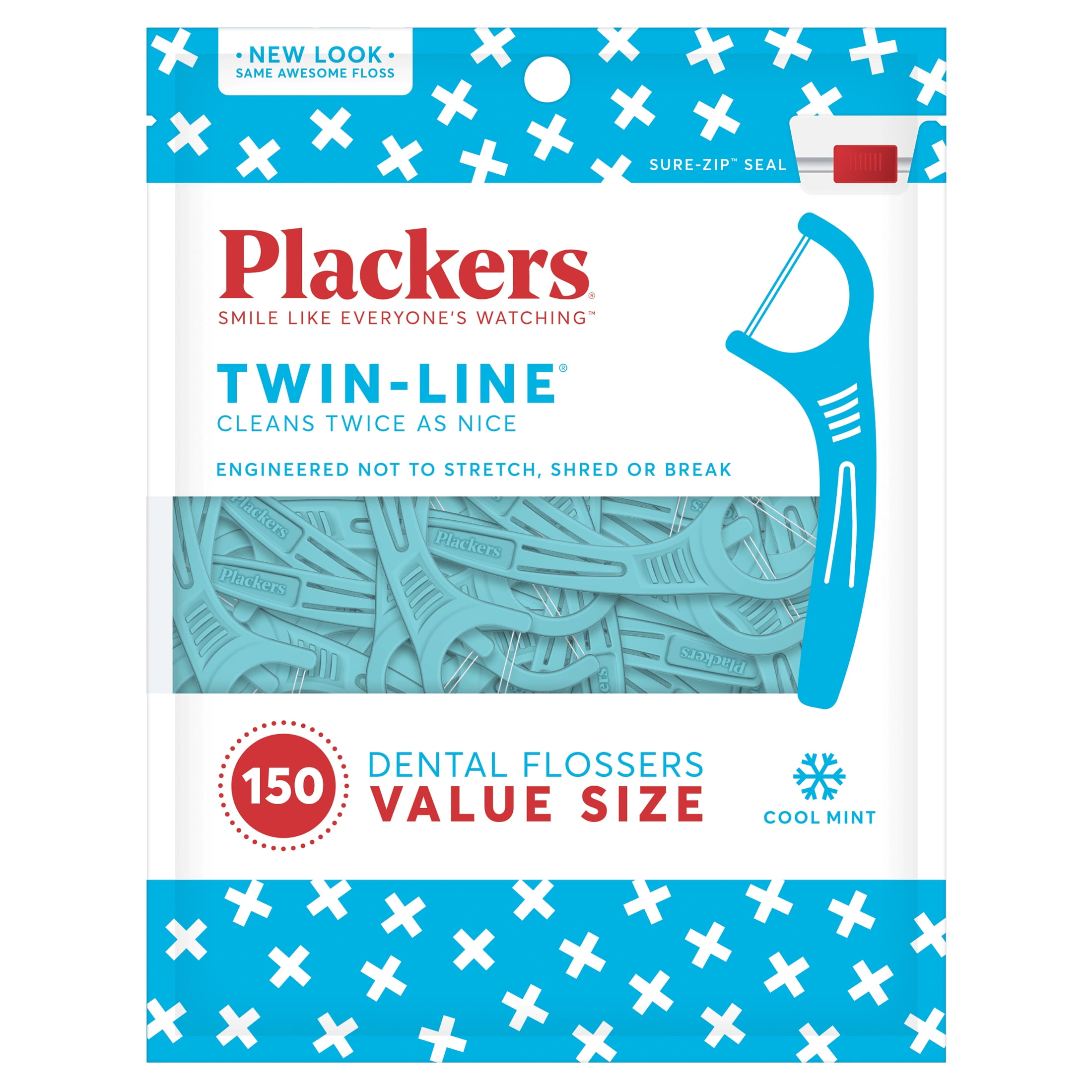 Plackers Twin-Line Dental Flossers, Dual Action Flossing System, Easy Storage, Super Tuffloss, 2X The Clean, Cool Mint Flavor,150 Count