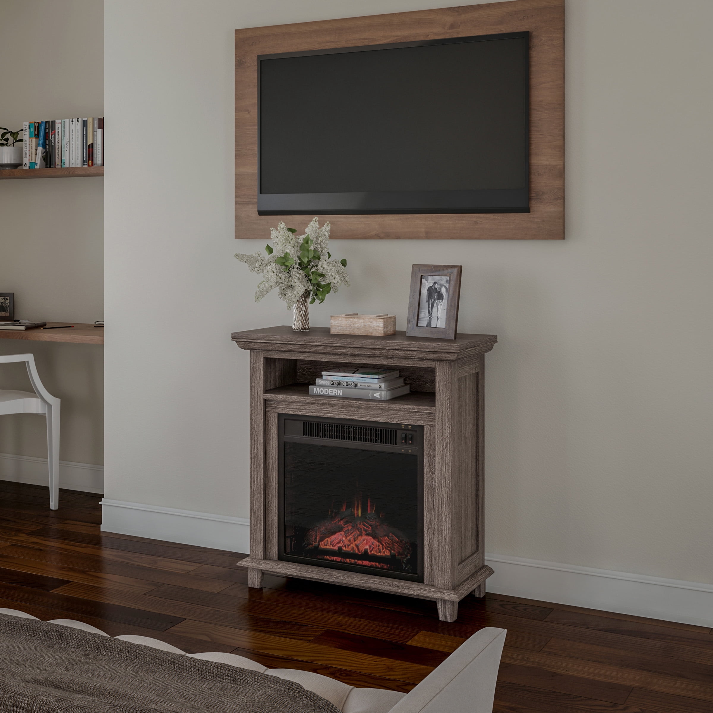 Electric Fireplace TV Stand for 32-Inch TVs – Console with Shelf, Faux Logs, and LED Flames – Heats Rooms up to 400-Square-Feet by Northwest (Gray)