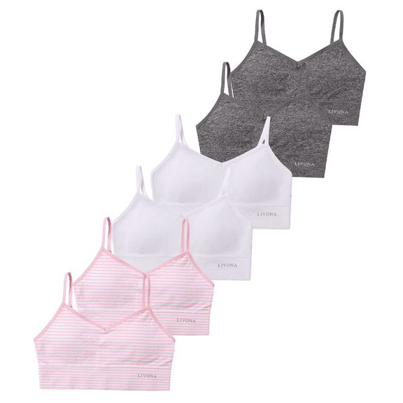 Livona 6 Pack Training Bras for Girls-Sports Bra, Fitness Bra, Padded Everyday Bra Bralette,Crop Cami Tank Top (6-14)
