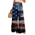 thumbnail image 2 of 250 Years Pants for Women Independence Day USA Flag Print Slit Baggy Lounge Pants Elastic High Waist Wide Leg Regular Fit Soft Pants, #01 Deep Red, XL, 2 of 6