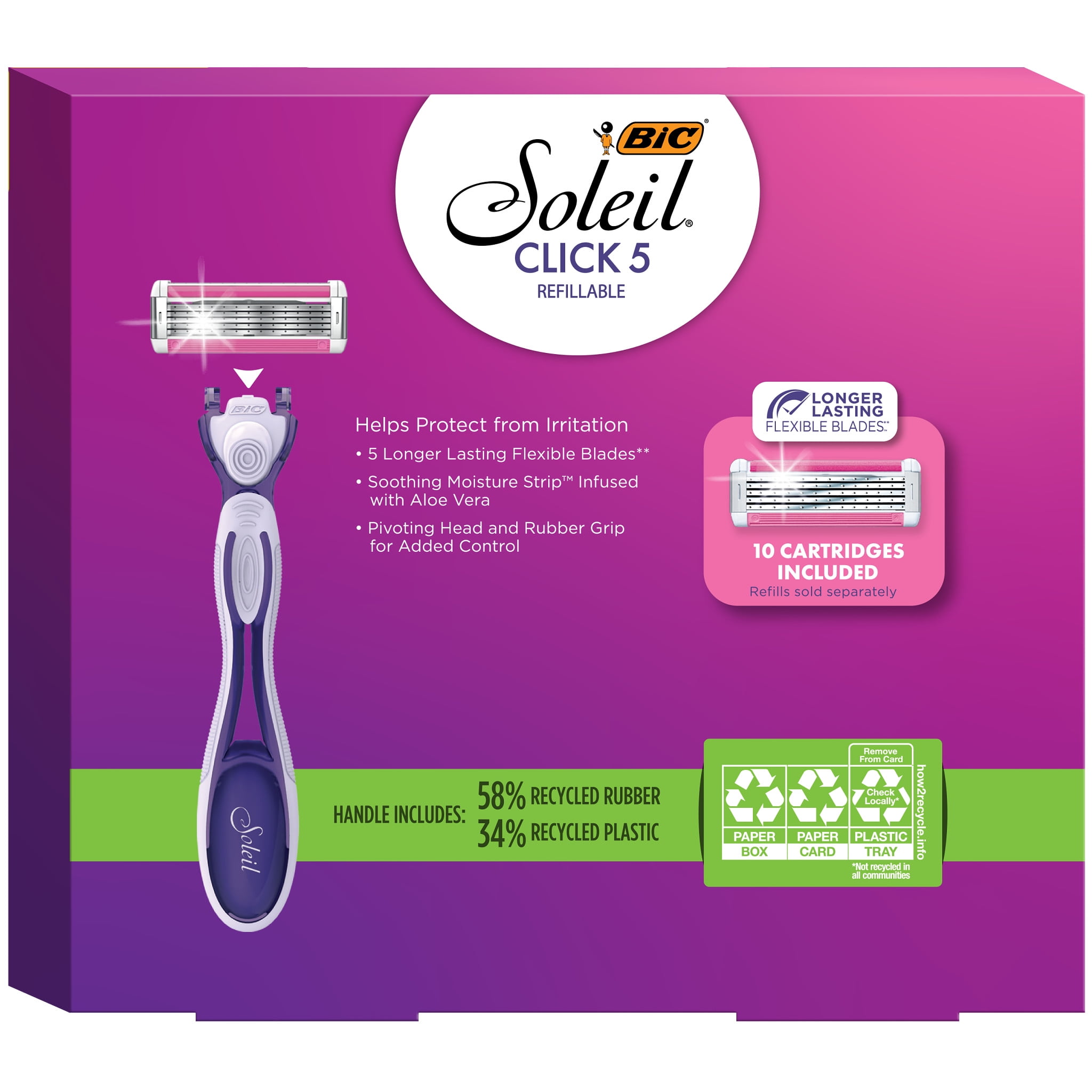 BIC Click 5 Soleil Women's Disposable Razors, 5 Blades With a Moisture Strip For a Smoother Shave, 1 Handle and 10 Cartridges, 11 Piece Razor Set