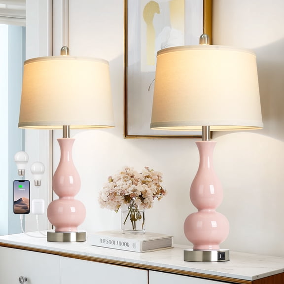 Lolikit Pink Ceramic Table Lamp Set of 2 for Living Room Bedroom 27" Modern Gourd Bedside Lamps with USB A C Ports, Bulbs Included