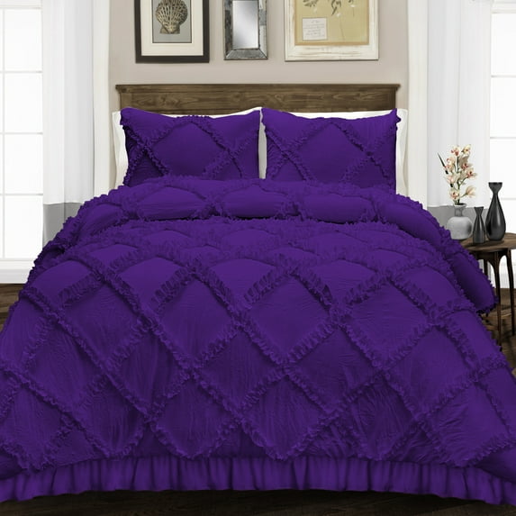 Duvet Cover 3 Piece Egyptian Cotton Cozy & Breathable 600 Thread Count Diamond Ruffle Duvet Covers with Zipper Closure & Corner Ties Soft Comforter Cover (Oversized Queen, Purple )