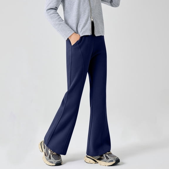 Girls Flare Sweatpants Elastic Waist Casual Wide Leg Winter Comfort Yoga Trousers Jogging Sports Soft Fashion Pants Navy 11-12 Years