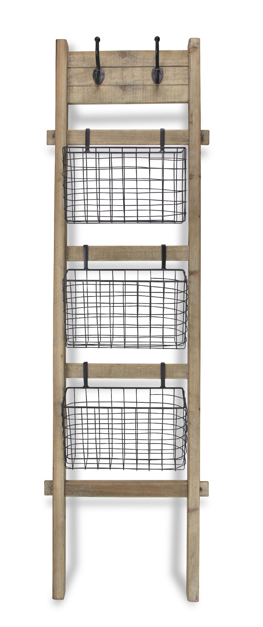59.25" Brown and Black Ladder with 3 Hanging Baskets and Dual Top Hooks