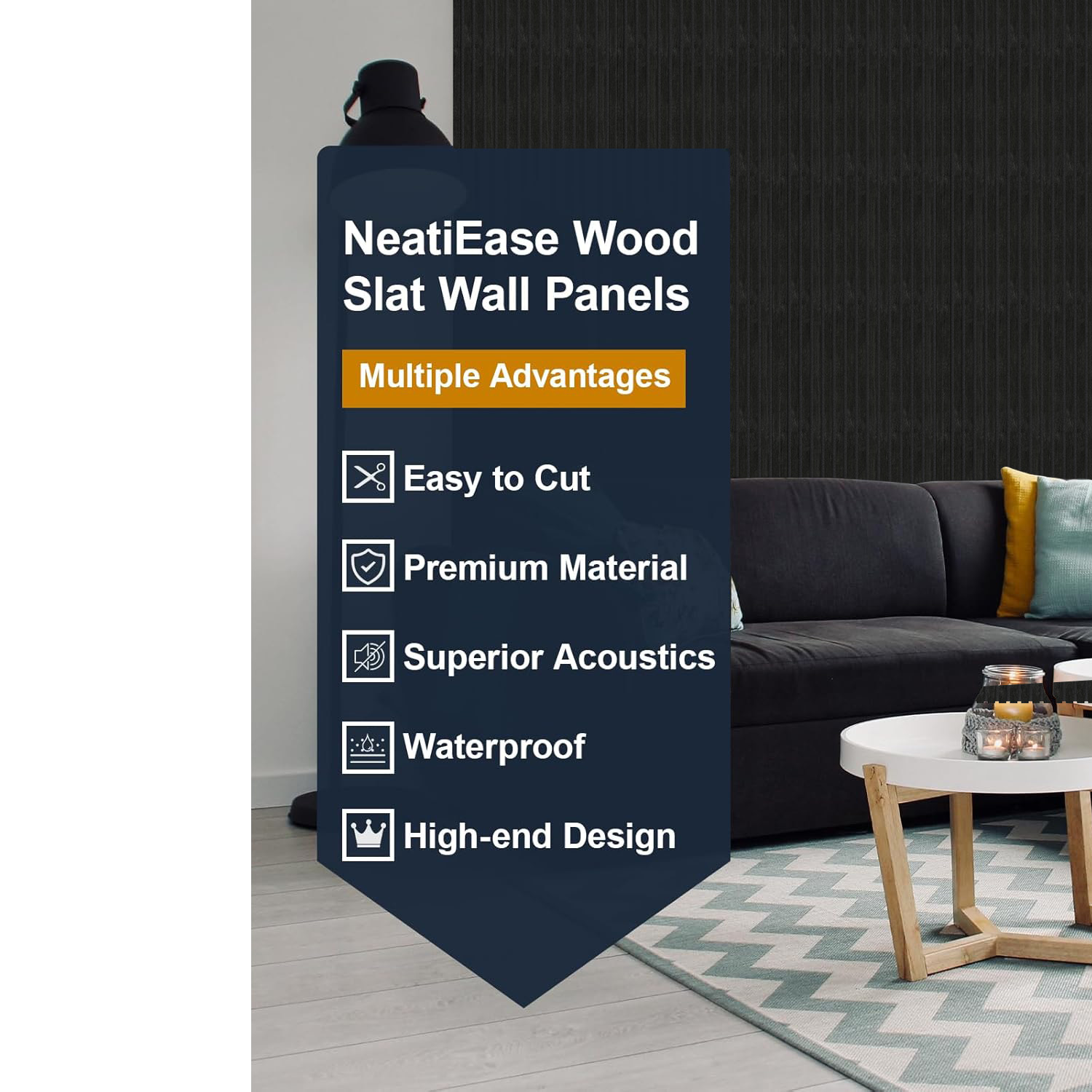 4pcs Wood Slat Acoustic Panels, 47.24" x 11.02"  inch, MDF Accent Wooden Wall Panels for Modern Interior Wall Decor, Faux Wood Wall Board Panels for Noise Reduction, Black