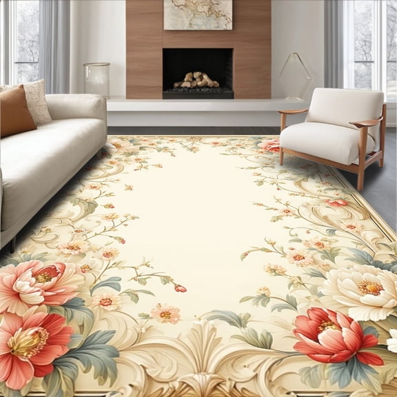 ODIKA 4'x6' Machine Washable Non-Slip Area Rug, Vintage Floral Floor Art High Traffic Rug, Beige, 45286