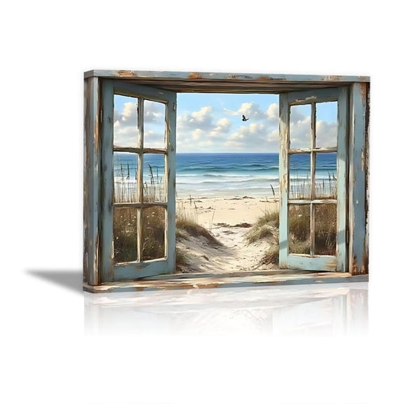 Vintage Blue Window Seaside Butterfly Beach Framed Canvas Wall Art Prints for Living Room Bedroom Bathroom Home Decor, Ready to Hang12"L x 8"W