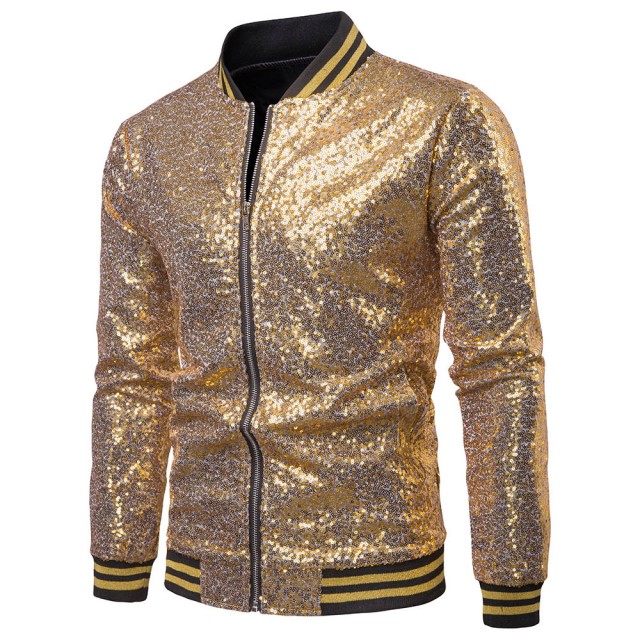 Mens Sequins Nightclub Styles Zip up Varsity Baseball Bomber Jacket