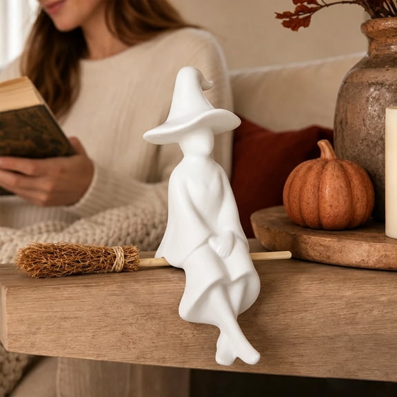 Yardvibe White Witch Sitting on Broom Decor, 6.3"x6.3" Halloween Witch Figurine Shelf Sitter for Fireplace Mantel Bookshelf Tiered Tray, Fall Tabletop Decorations for Home Shelf Mantel