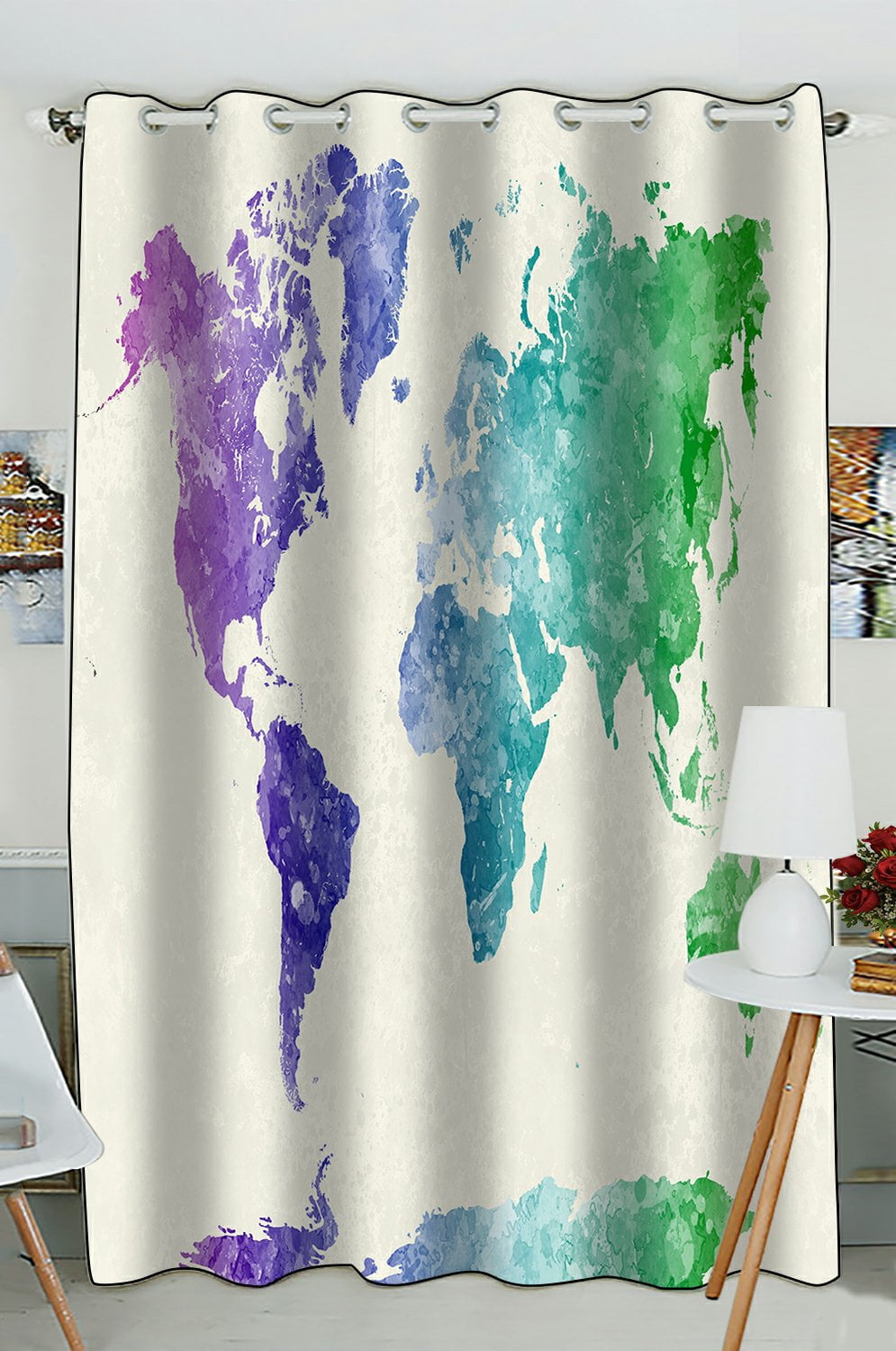 Phfzk Abstract Art Splatter Painting Window Curtain Watercolor World Map Blue Purple Blackout For Bedroom Living Room Kitchen