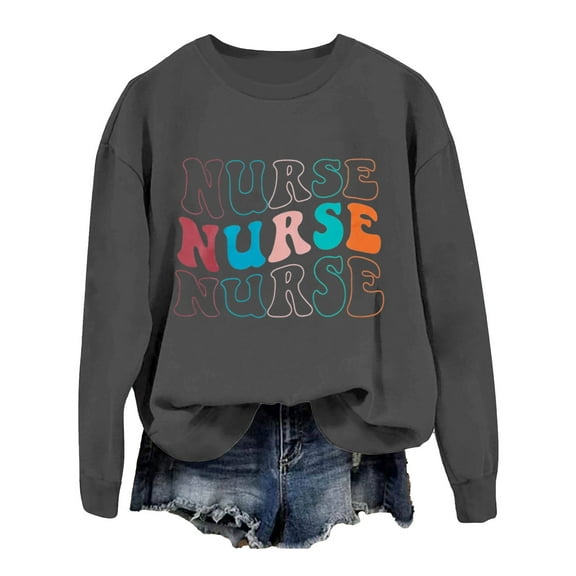 Arlun Nurse Sweatshirts Womens Registered Nurse Life Funny Letter Printed Hoodless Sweatshirt Soft Comfortable Nursing Student Pullover Crewneck Long Sleeve Tops Dark Gray XL