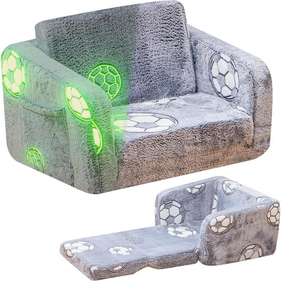LinkRomat Foldable Modular Kids Play Couch, 2-in-1 Convertible Foam and Floor Cushion for Toddler, Glow in The Dark Kids Sofa for Playroom, BirthdayGifts (Grey & Football)