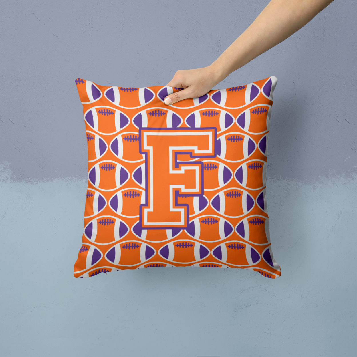 Letter F Football Orange, White and Regalia Fabric Decorative Pillow
