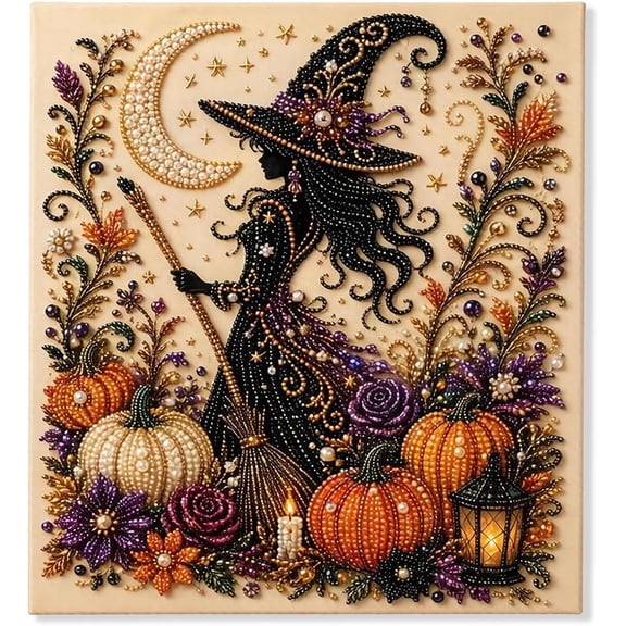 Halloween Ghost Pearl Art DIY Kit, 3D Pearl Mosaic Craft Set, Beginner Friendly Handmade Pearl Painting, Cute Ghost Pumpkin Canvas Art, Gift for DIY Craft Lovers (Witch)