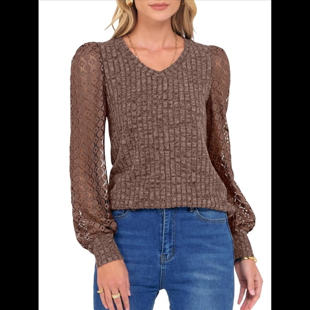 Blusas de Encaje de Larga para Mujer, Suéteres de Cuello en V A para Otoño 2025, Atuendos Elegantes e Informales de Invierno Marrón Oscuro L