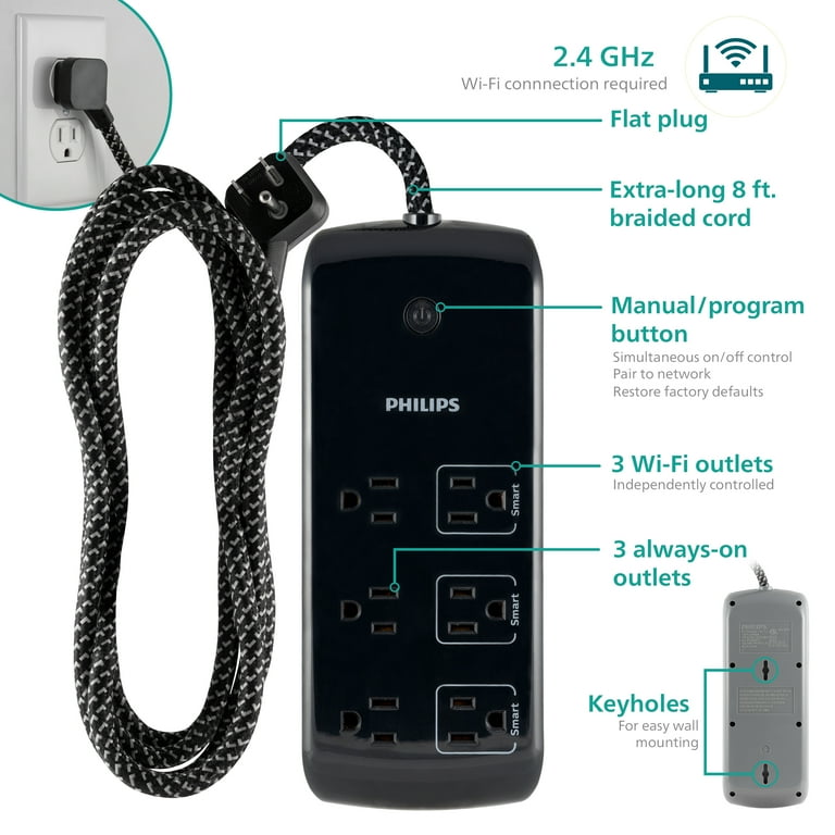 Smart Plug 6-Outlet Protector, 1080J 8ft., Black -