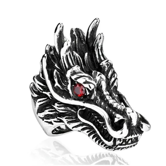 K-KED Vintage Red CZ Eye Dragon Head Ring Stainless Steel Gothic Men's Biker Punk Ring-9