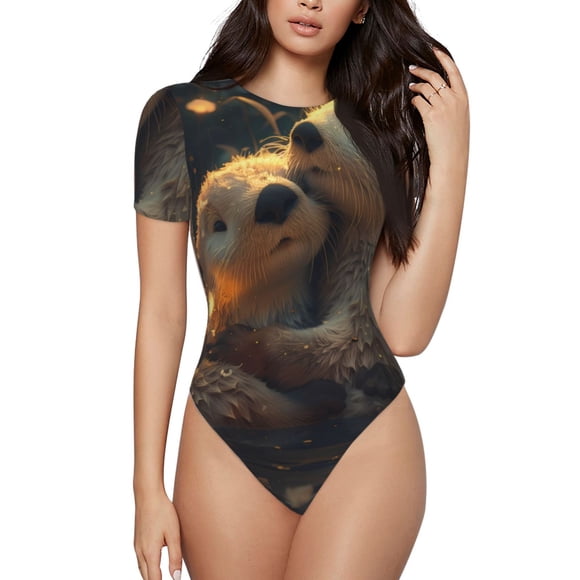Bingfone Adorable Otter Pair Hug Pattern Women's Round Neck Bodysuit, Tight Snap Button Short Sleeve Bodysuit, Suitable for Party, Sports, Daily Wear-XX-Large