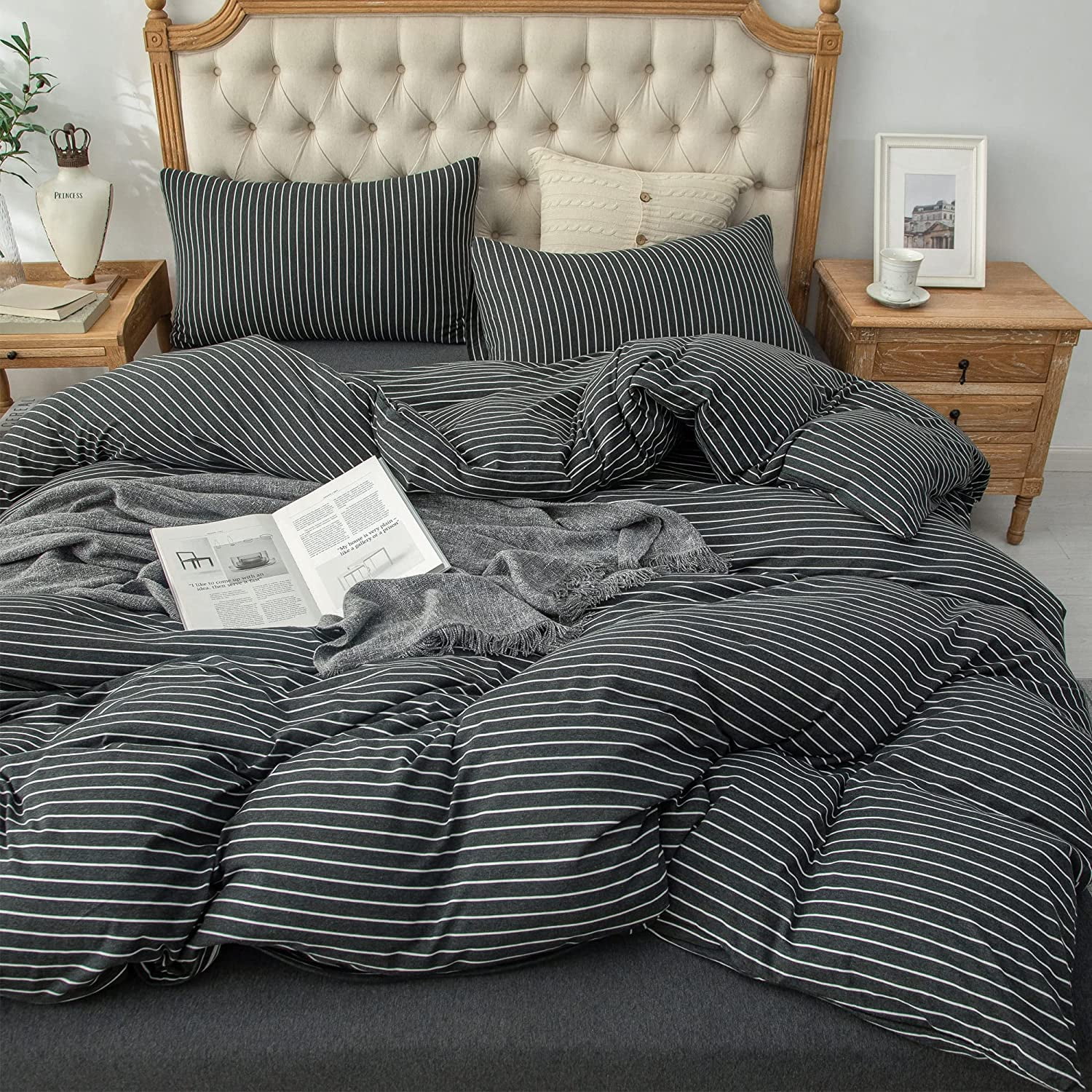 PURE ERA Duvet Cover Set - Ultra Soft Heather Jersey Knit Cotton Home Bedding Narrow Pinstripes Black & White King Size, 1 Comforter Cover and 2 Pillow Shams