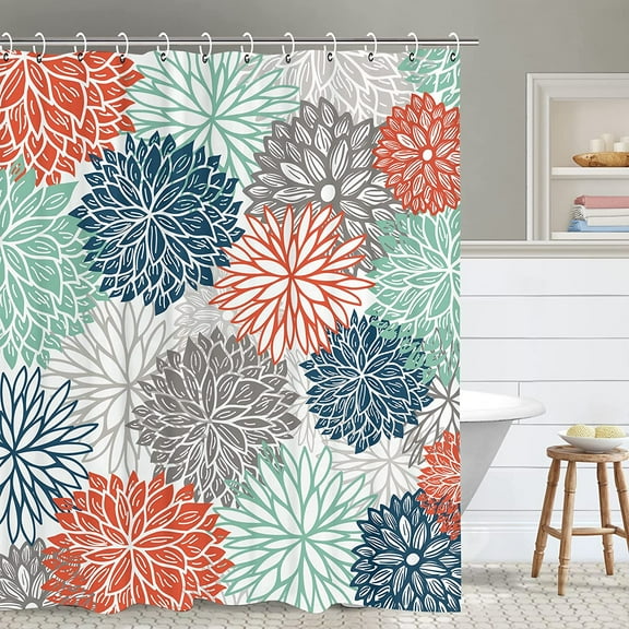 Floral Shower Curtain Dahlia Shower Curtains Hooks Flower Shower Curtain Teal and Gray Blue Green Shower Curtain Turquoise Mandala Floral Bathroom Decor 48"W x 72"L (Pack of 1)