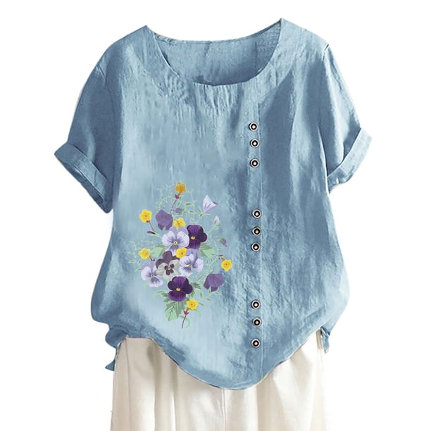 Gibobby Playera de Manga Corta con Cuello Redondo Mujeres Blouse Top Floral imprimir con estilo T camisas(Azul,XL)