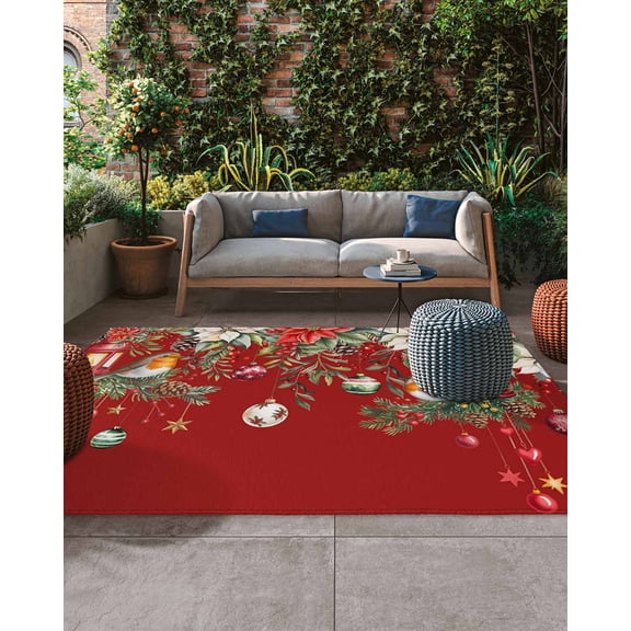 Red Christmas Outdoor Rug, Xmas Poinsettia Balls Botanical Birds Large Outdoor Patio Area Rugs Non Slip Outside Floor Mat Carpet for Backyard/Deck/Porch/Balcony, 4x6 ft