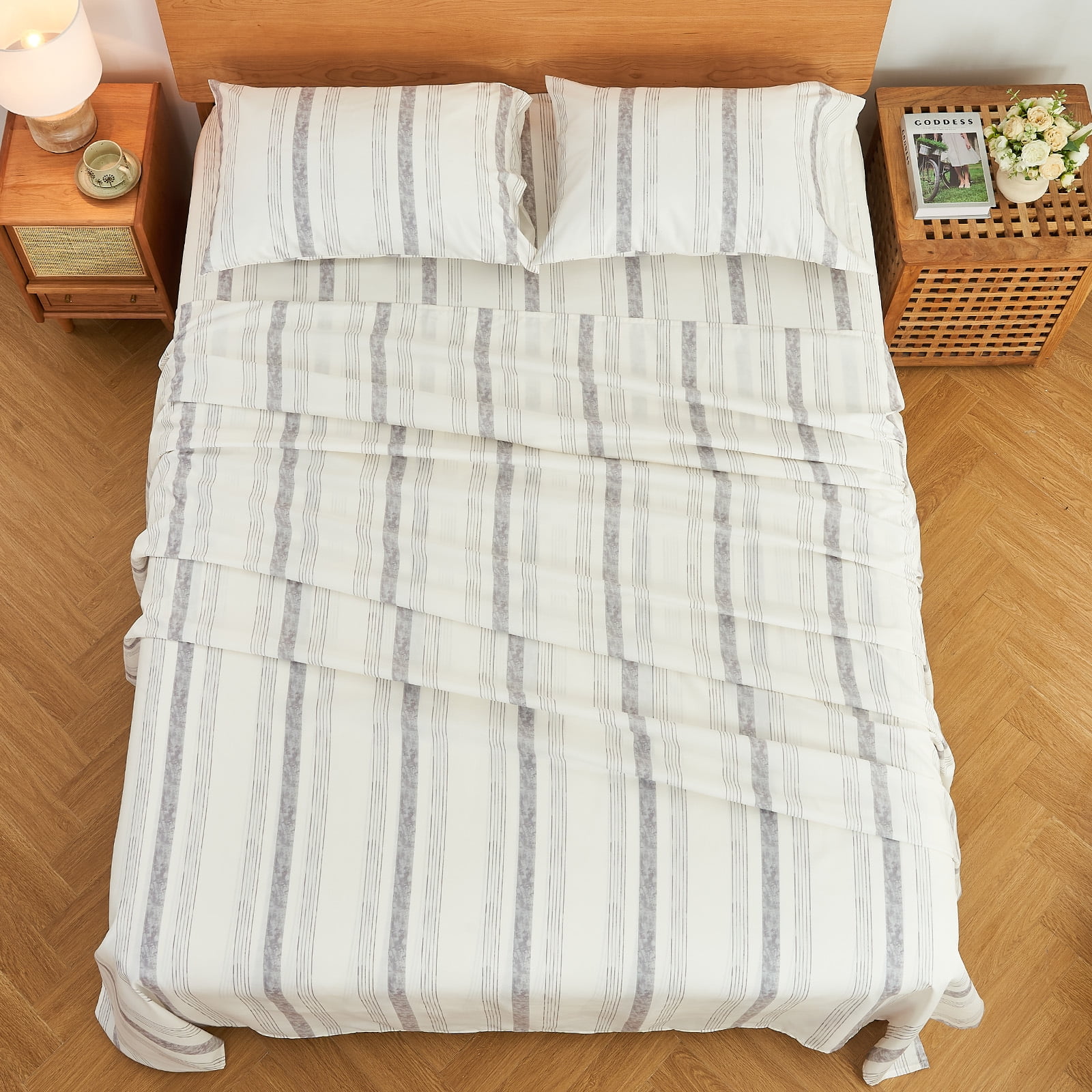 Gogreen Gray Striped Queen sheet set with Deep Pocket Fitted Sheet Set, Breathable Microfiber Printed Bedsheets