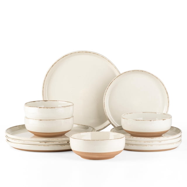 AmorArc Ceramic Dinnerware Sets for 4, 12 Pieces Handpainted Plates and Bowls Set with Rustic Terracotta Underside, Scratch Resis