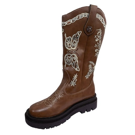 

qipaqil Women Embroidered Cowboy Western Boots Mid Calf Round Toe Chunky Heel Pull Womens Extra Wide Calf Boots Size 9