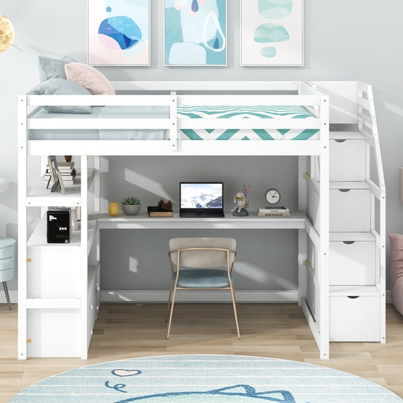Full Size Loft Bed with Desk and Shelves, Two Built-in Drawers, Storage Staircase, White 26AAK