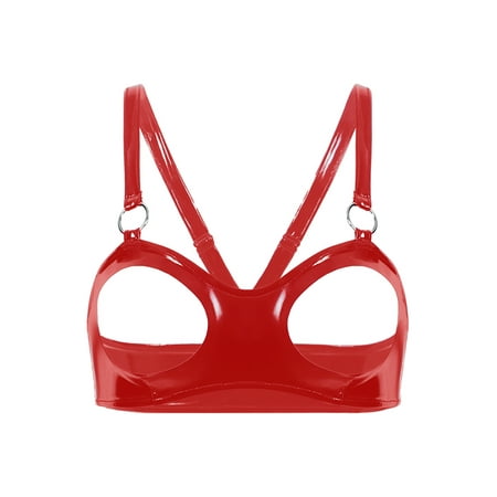 Zaldita Women Wet Look Hollow Out Open Nipples Bra Lingerie Wireless PVC Leather Everyday Bra Red S