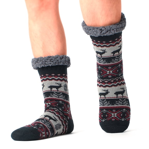 TELOLY Men'S Fuzzy Socks Slipper Socks Non-Slip Grips Warm Thermal Winter Socks Cozy Gifts Black Reindeer Lxl 11-14