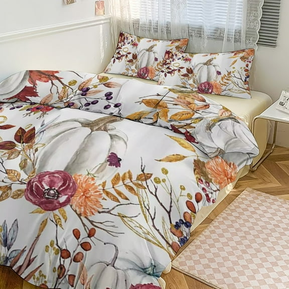 3 Pcs Soft Bedding Set, Includes 1 Duvet Cover with Zipper And 2 Pillow Shams,Thanksgiving Watercolor Pumpkins Twin(86"x70")
