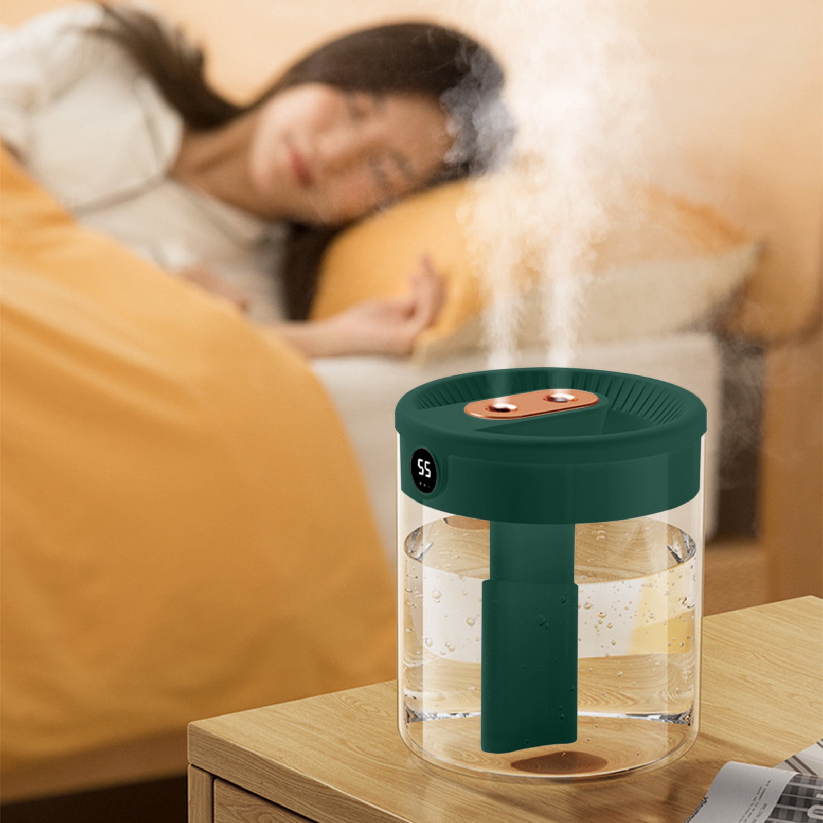 USB Humidifier with Humidity Display, 2L Cool Mist Humidifier with Night Light, Quiet Air Humidifier Dual Mist Modes, Long Runtime Easy Clean Humidifier for Bedroom Office Nursery Plants
