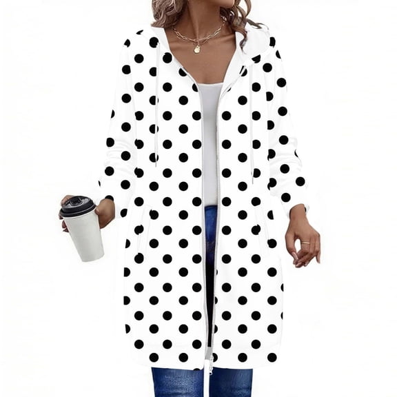 AGWOLF Long Hoodies for Women Cute Dot Print Hooded Jacket Casual Long Sleeve Oversized Sweatshirts with Pockets