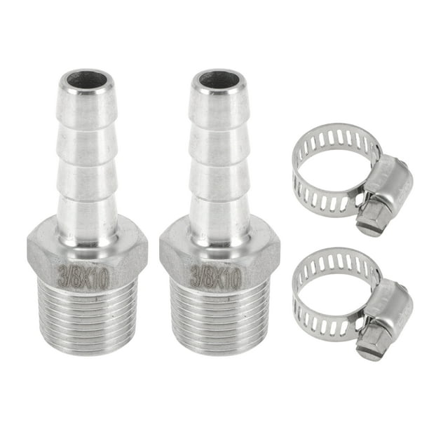 Accesorios de manguera Unique Bargains con 2 abrazaderas, accesorio de compresión de rosca macho para aire, agua, aceite, gas, combustible, acero inoxidable 25/64" OD 3/8" BSPT 1 juego tono plateado
