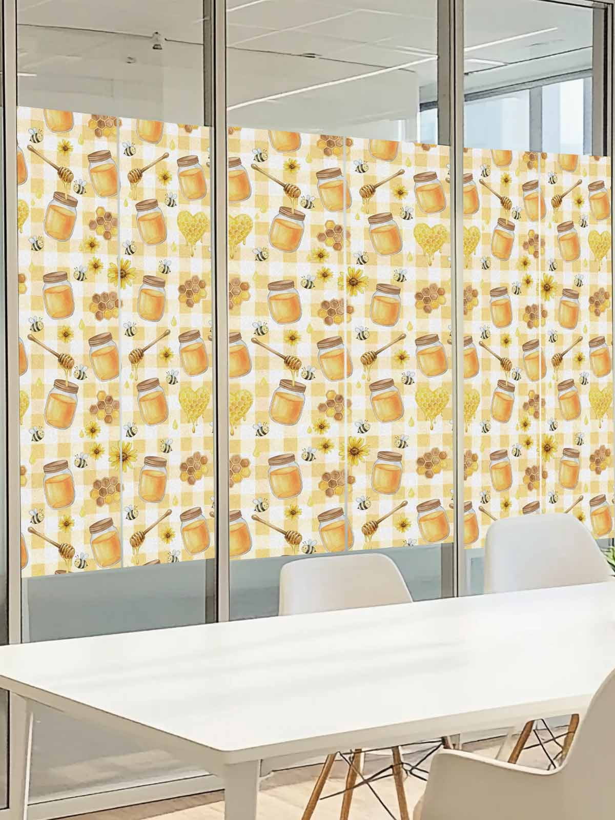 Honey and Honeycomb Window Privacy Film, Yellow Theme Bee Sunflower Buffalo Plaid Frosted Glass Window Clings Static Cling UV Heat Blocking Reusable Door Sticker for Bathroom 23.6 x 59 Inch